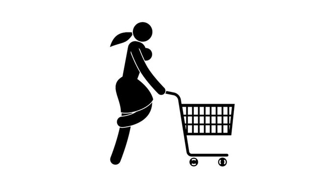 Pictogram woman running with shopping cart for sale. Looped animation with alpha channel.