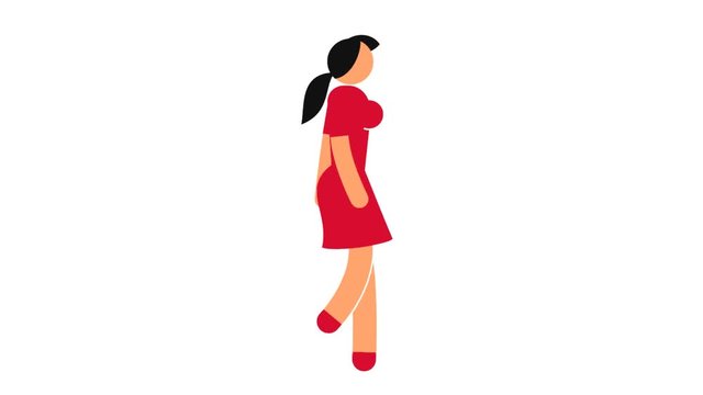 Colorful woman icon goes in red dress. Looped animation with alpha channel.