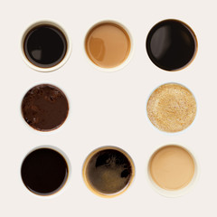 Collection of coffee cups tops isolated on white