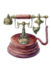 Watercolor hand-drawn illustration of vintage telephone on white background (isolated)