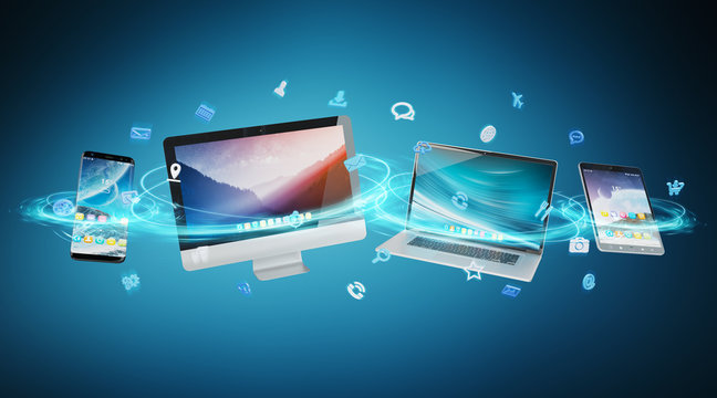 Tech devices and icons applications connected 3D rendering
