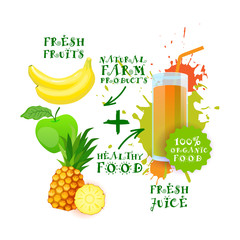 Fresh Juice Cocktail Fruit Mix Logo Natural Food Farm Products Label Vector Illustration