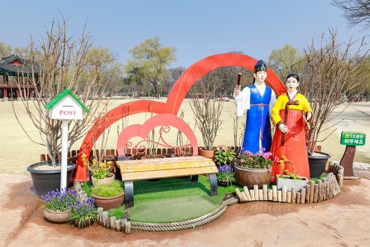 Traditional Gwanghalluwon Pavilion scene in spring