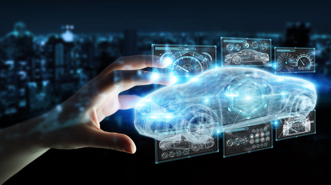 Fototapeta Businesswoman using modern smart car interface 3D rendering