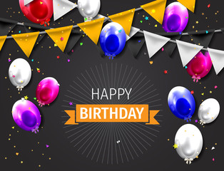 Happy Birthday Greeting Card with colorful balloons and confetti.