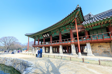Traditional Gwanghalluwon Pavilion scene in spring