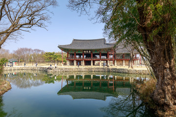 Traditional Gwanghalluwon Pavilion scene in spring