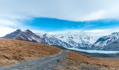 Mountains near entrance of ice cave in Iceland