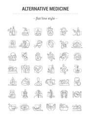 Vector graphic set. Editable outline stroke size. Icons in flat, contour, thin and linear design. Alternative medicine. Simple isolated icons. Concept illustration. Sign, symbol, element. - obrazy, fototapety, plakaty