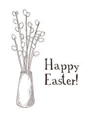 Hand drawn black and white orthodox easter gift card with willow branches in the vase. Greate holiday.