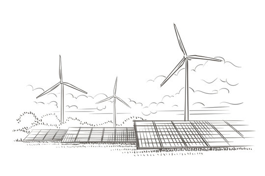 Alternative sources of energy (wind, solar) hand drawn sketch (2). Vector.