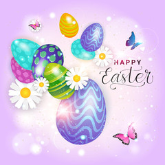 Happy Easter Decoration Poster Background Template Card With Lettering And Colorful Eggs Vector Illustration