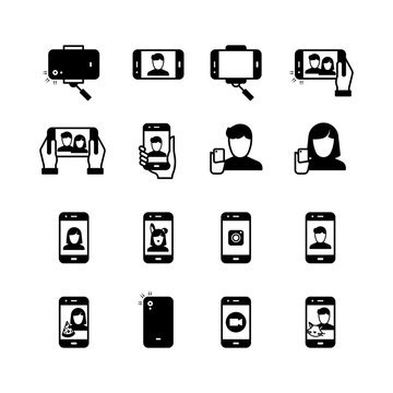 Selfie, person with mobile phone taking photo black silhouette vector icons
