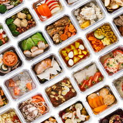 Set of take away food boxes at white background