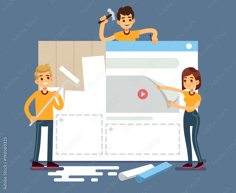 Poster website development with developers creating content. web construction vector concept
