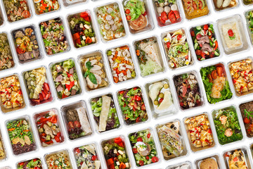 Set of take away food boxes at white background