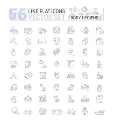 Vector graphic set. Icons in flat, contour,thin, minimal and linear design. Care of body. Hygiene product. Body wash, epilation, peeling. Simple isolated icons. Concept sign, symbol, element.