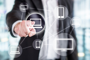 Global information technology, wireless online network, viral marketing, sharing on social media, internet of things and blockchain concept. Business man touching abstract digital screen.