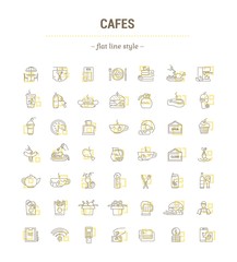 Vector graphic set. Icons in flat, contour, thin, minimal and linear design. Cafe. Food silhouettes. Fast food. Pizzeria. Catering. Simple isolated icons. Concept for web site, app. Sign and symbol.