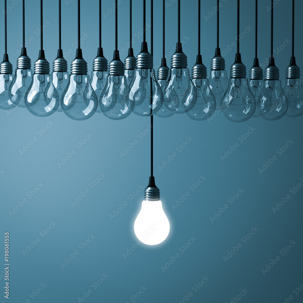 Leinwandbilder Stand out from the crowd and different creative idea concepts , One hanging light bulb glowing with unlit incandescent bulbs on dark cyan background , 3D rendering.