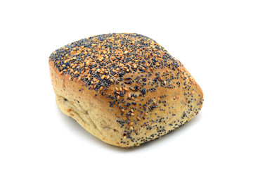 traditional german bread roll with poppy seeds and sesame corns on white isolated background.