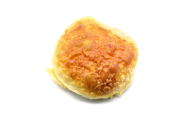Traditional german cheese bread roll on white isolated background.