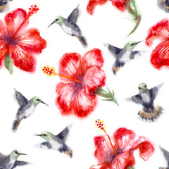 Watercolor Humming Birds and Hibiscus Pattern