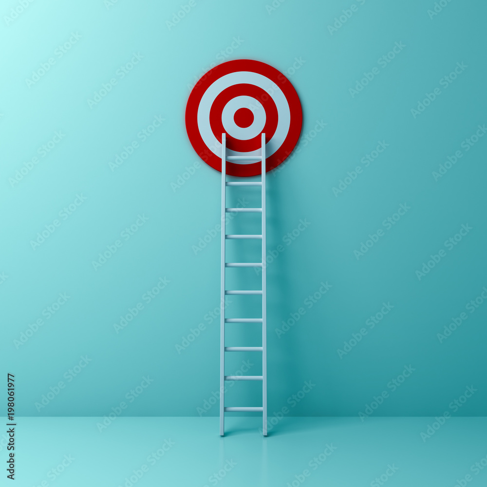Poster ladder and goal target the business idea concept on light green pastel color wall background with sh