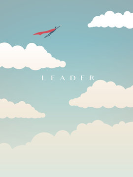 Businessman as superhero flying above clouds, leadership vector concept. Business symbol of power, vision, opportunity.