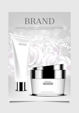 Facial foam and cream on white flowers background design for poster flyer brochure leaflet