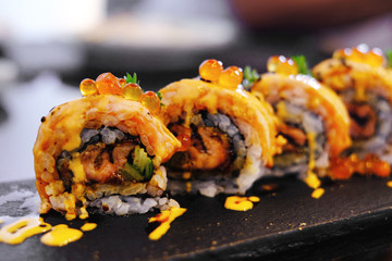closeup salmon sushi roll