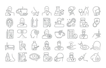 Vector graphic set. Icons in flat, contour, outline thin and linear design. Common cold. Symptoms, treatment, prevention. Simple isolated icons. Concept illustration Web site. Sign, symbol, element.