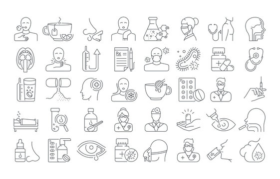 Vector graphic set. Icons in flat, contour, outline thin and linear design. Common cold. Symptoms, treatment, prevention. Simple isolated icons. Concept illustration Web site. Sign, symbol, element.