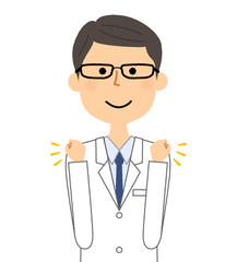 白衣の男性　ガッツポーズ