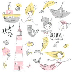 Naklejka premium Cute little mermaid set. Believe in miracle. Textured vector ill