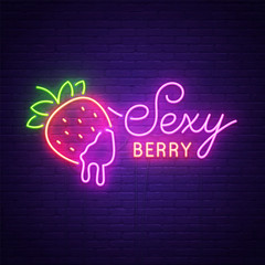 Sex Shop neon sign, bright signboard, light banner. Sexy Berry logo, emblem and label. Strawberry sing neon. Vector illustration