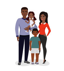 Vector illustration of beautiful happy family. African American parents and children. Smiling cartoon mother, father, dother and brother in flat style.