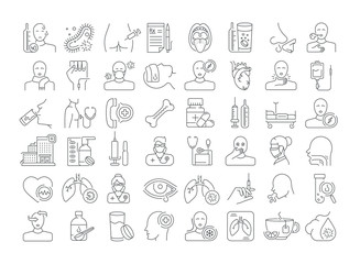 Fototapeta na wymiar Vector graphic set. Icons in flat, contour, outline thin and linear design. Flu. Symptom, treatment, prevention. Simple isolated icons. Concept illustration for Web site. Sign, symbol, element.