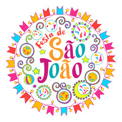 Festa de Sao Joao colorful label summer holiday calligraphic poster, illustration. Vector firework carnaval background with festival flags.