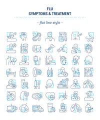 Vector graphic set. Icons in flat, contour, outline thin and linear design. Flu. Symptom, treatment, prevention. Simple isolated icons. Concept illustration for Web site. Sign, symbol, element.
