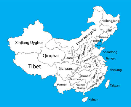 Editable blank vector map of  China. Vector map of China isolated on background. High detailed. Autonomous communities of China. Administrative divisions of China counties, separated provinces.