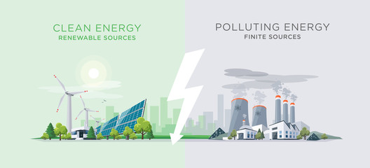 Vector illustration showing clean and polluting electricity generation production. Polluting fossil thermal coal and nuclear power plants versus clean solar panels and wind turbines renewable energy. - obrazy, fototapety, plakaty