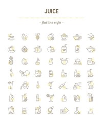 Obraz na płótnie Canvas Vector graphic set. Icons in flat, contour, thin, minimal and linear design. Illustration of juice. Glass, bottle and package. Natural, product. Simple isolated concept sign and symbol for Web site.