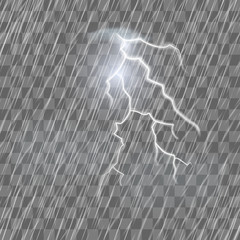 Lightning flash and raindrops on the transparent effect background. Thunderstorm and heavy rain. Realistic vector illustration of the lightning.
