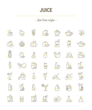 Vector graphic set. Icons in flat, contour, thin, minimal and linear design. Illustration of juice. Glass, bottle and package. Natural, product. Simple isolated concept sign and symbol for Web site.