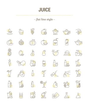 Vector graphic set. Icons in flat, contour, thin, minimal and linear design. Illustration of juice. Glass, bottle and package. Natural, product. Simple isolated concept sign and symbol for Web site. © marinashevchenko