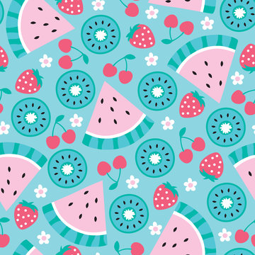 seamless melon kiwi cherry strawberry fruits pattern vector illustration