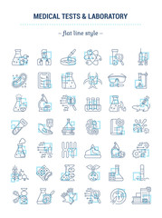 Naklejka premium Vector graphic set. Icons in flat, contour, outline thin and linear design. Laboratory and medical analysis. Simple isolated icons. Concept illustration for Web site. Sign, symbol, element.