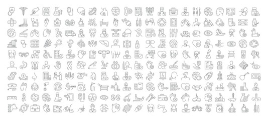 Vector graphic set. Icons in flat, contour, thin, minimal and linear design. Medicine and health.Collection logo and pictogram.Concept illustration for Web site. Sign, symbol, element.