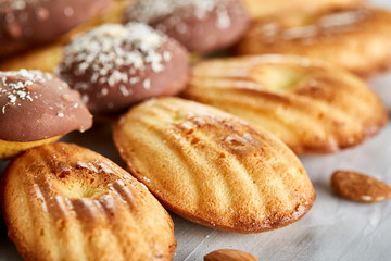 Obraz na płótnie Canvas Tasty almond cookies arranged in the shape of fan on white background, close-up, selective focus